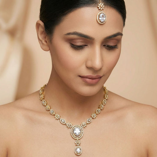 Golden White Premium AD Necklace For Women