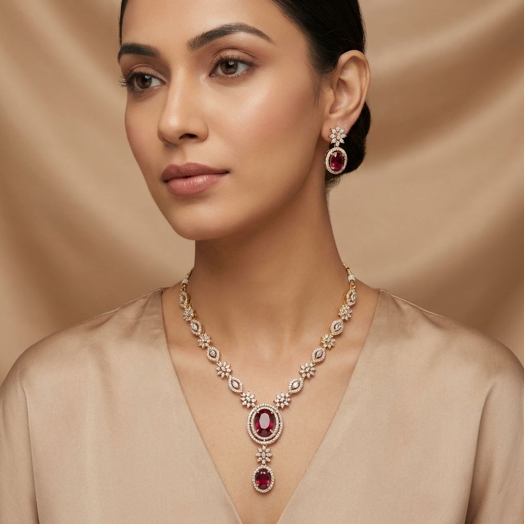 Ruby Pink Premium AD Necklace For Women