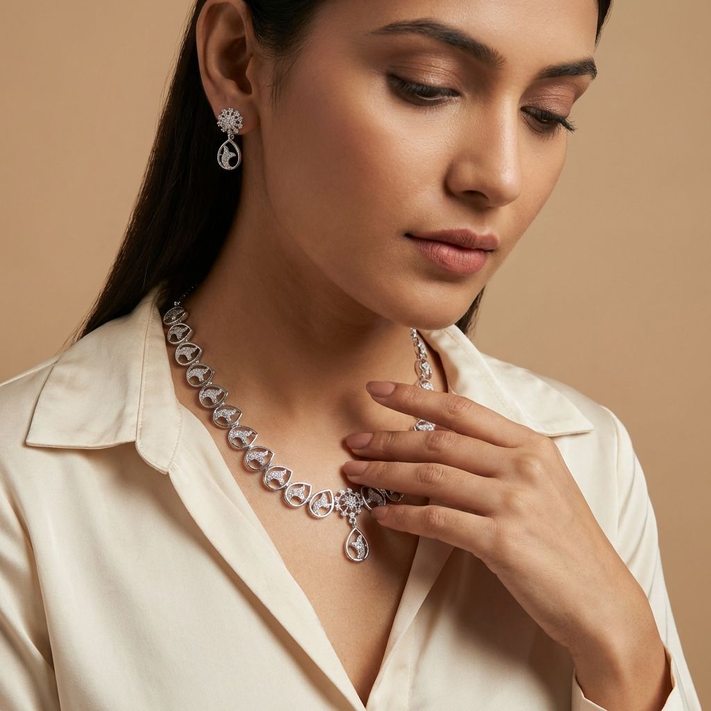 Silver Premium AD Necklace For Women
