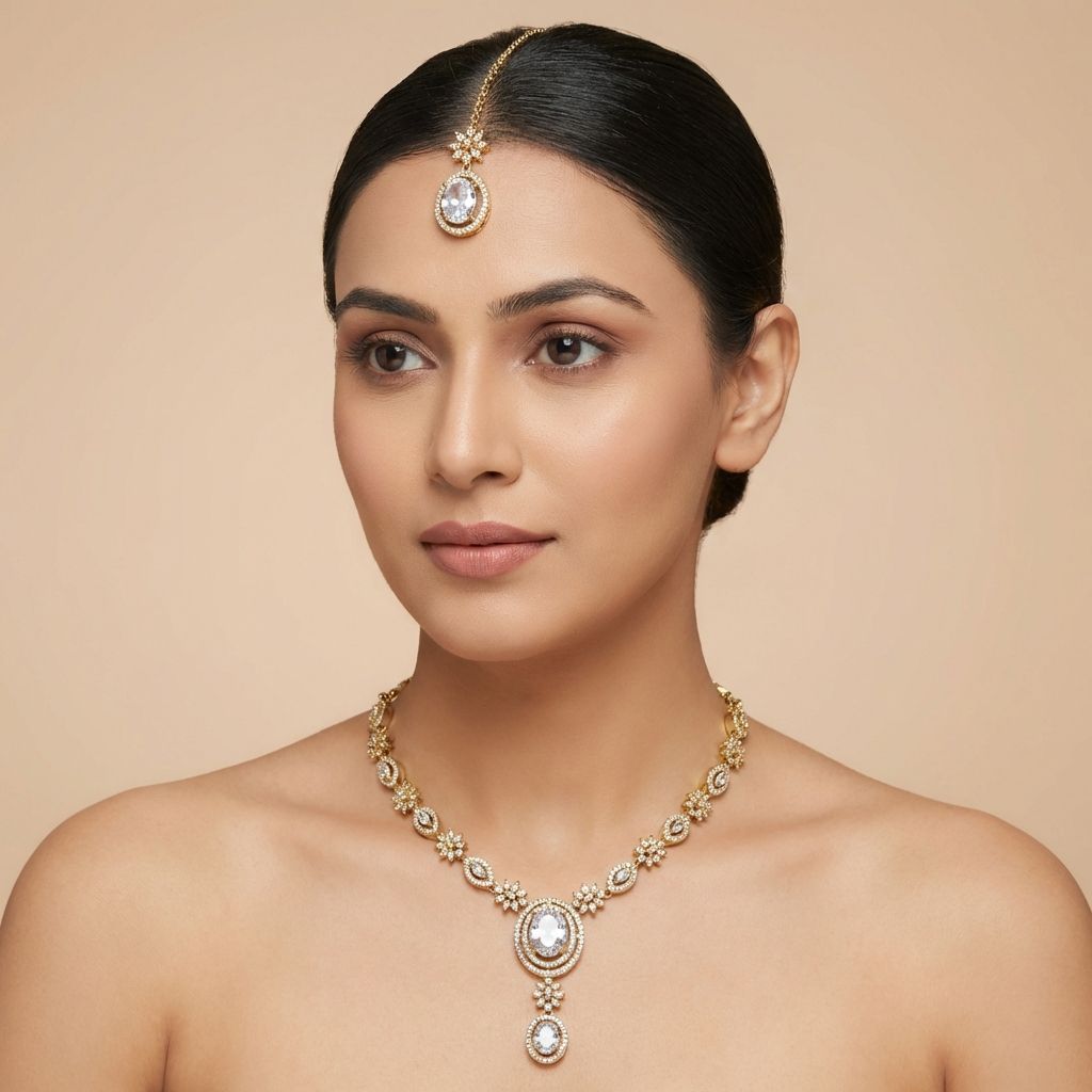 Golden White Premium AD Necklace For Women