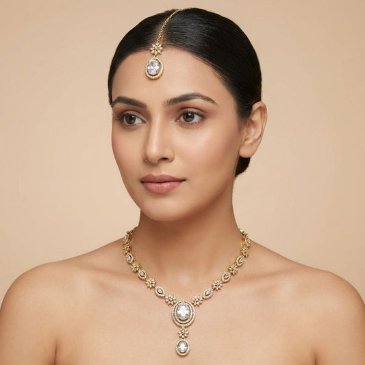 Golden White Premium AD Necklace For Women