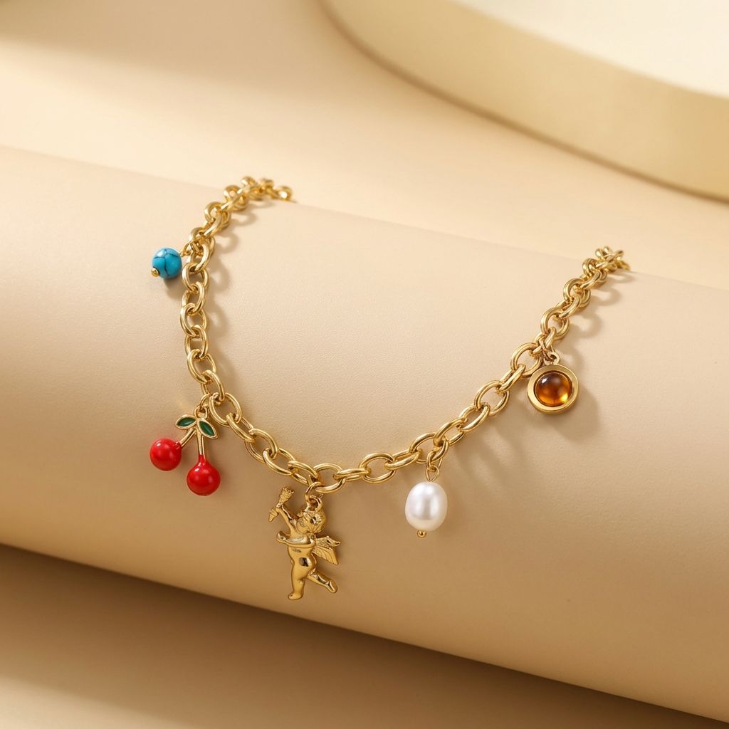 ANGEL AND CHERRY CHARMS  ANTI TARNISH NECKLACE CHAIN