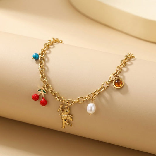 ANGEL AND CHERRY CHARMS  ANTI TARNISH NECKLACE CHAIN