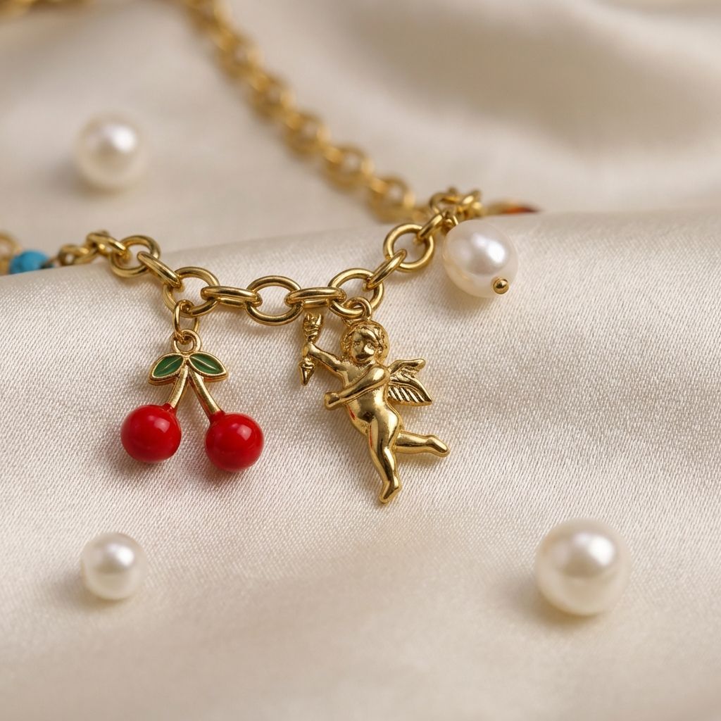 ANGEL AND CHERRY CHARMS  ANTI TARNISH NECKLACE CHAIN