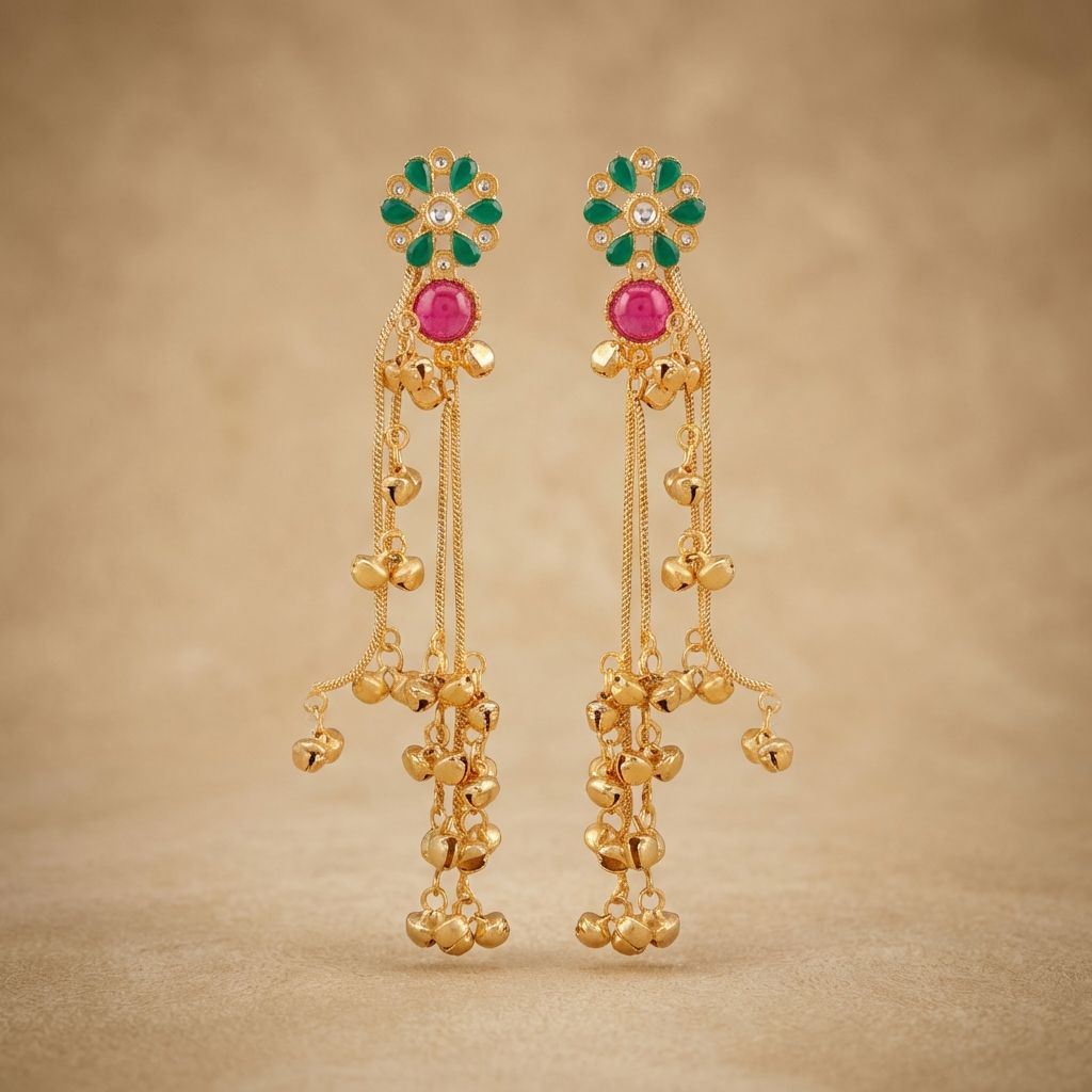 Golden Premium Alloy Earrings For Women With Kanchari chain