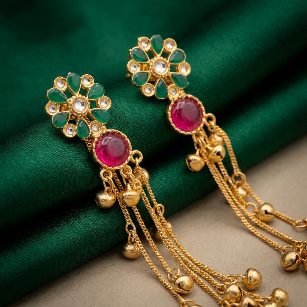 Golden Premium Alloy Earrings For Women With Kanchari chain