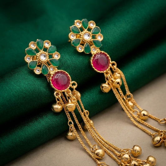 Golden Premium Alloy Earrings For Women With Kanchari chain