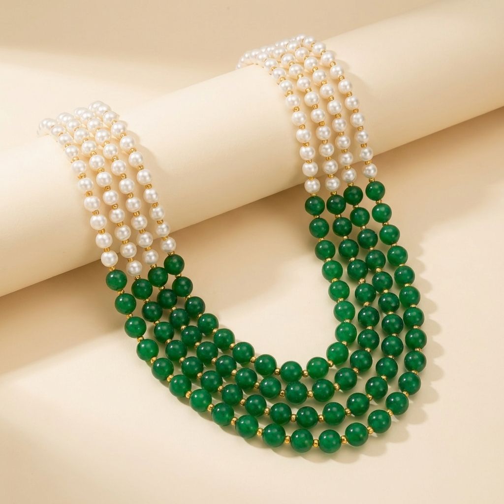 GREEN PEARL PREMIUM BEADED 5 LAYER MOTI MALA